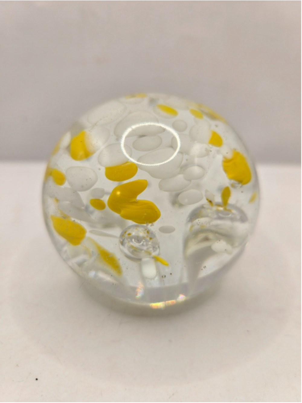 Vintage Hand Blown Glass paper Weight White and Yellow 14 oz